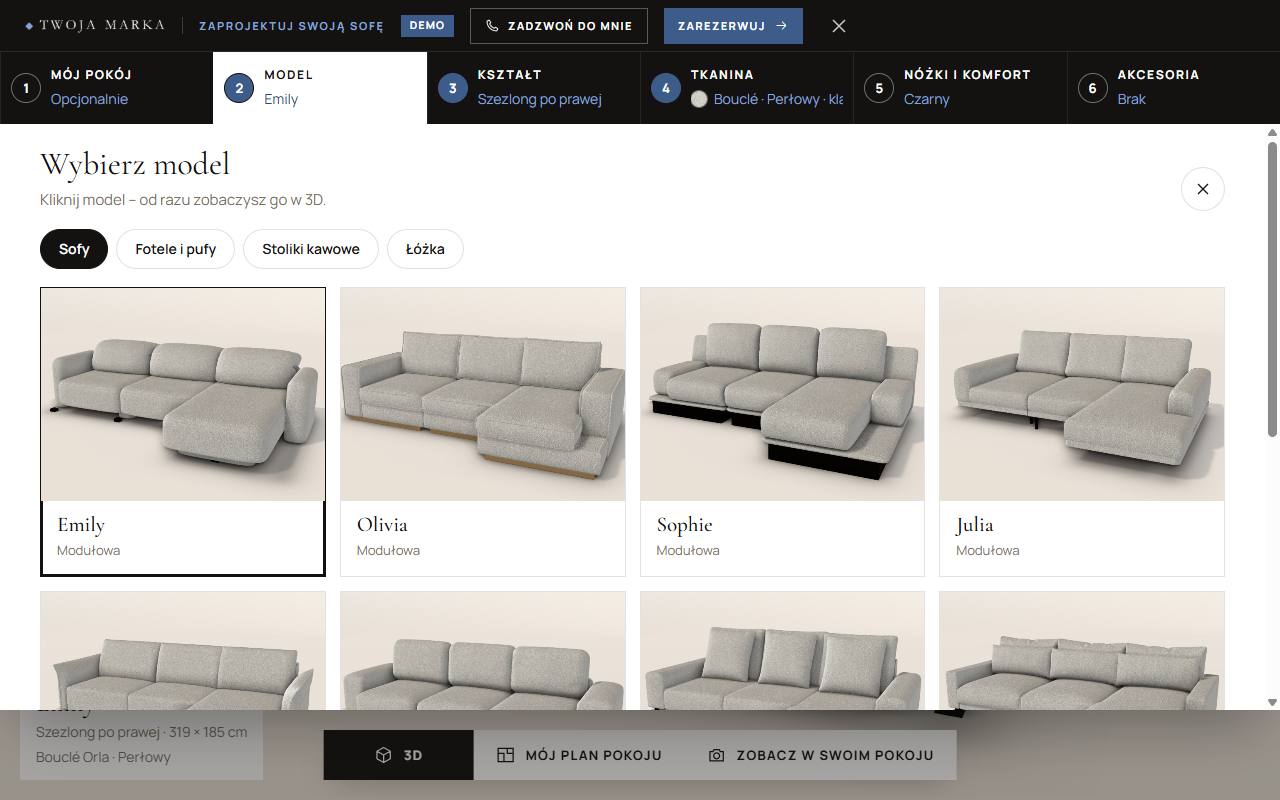 Wybór modelu w konfiguratorze 3D