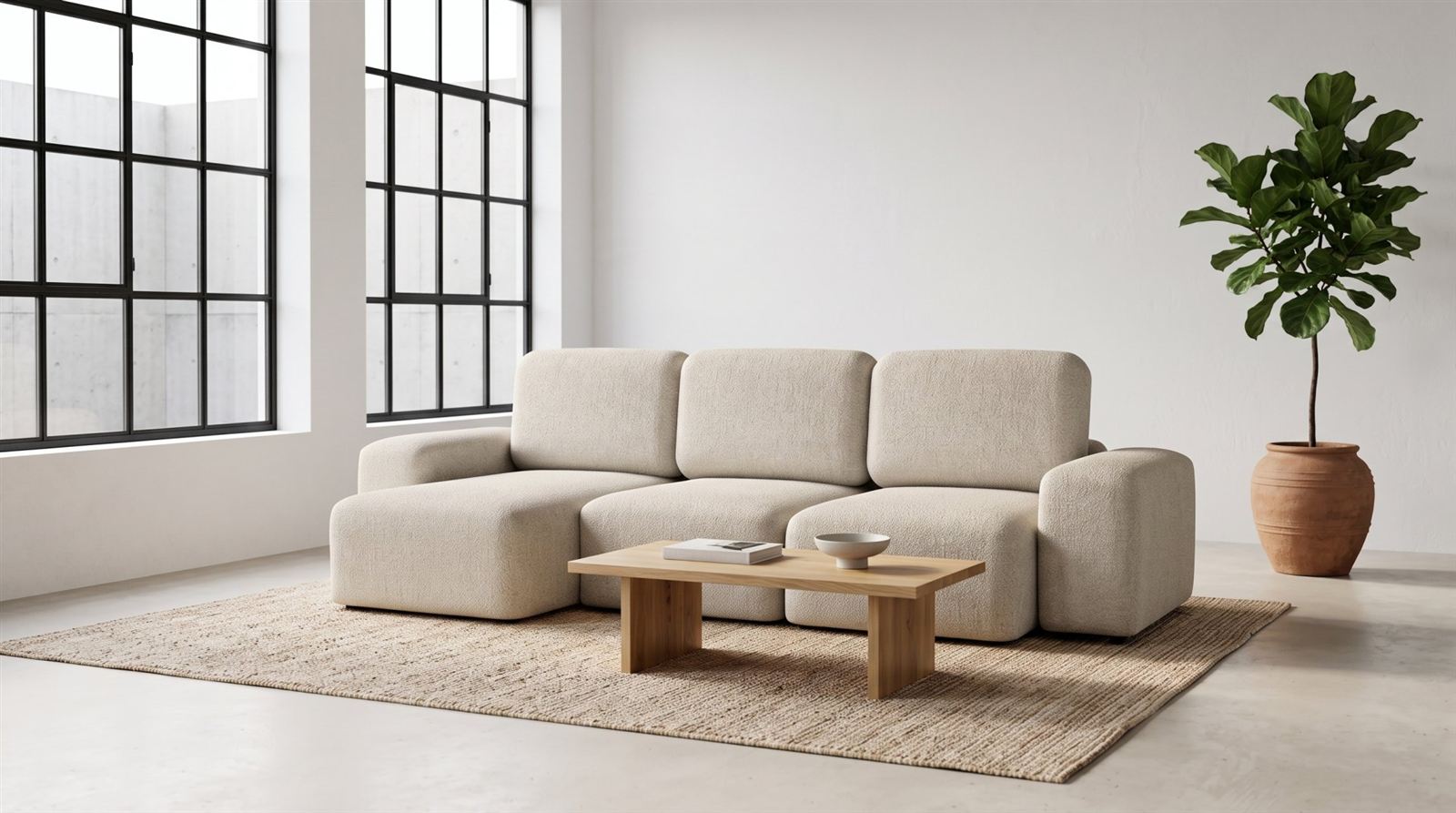 Lotte, sofa lounge z luźnymi poduszkami oparcia, w jasnym lofcie